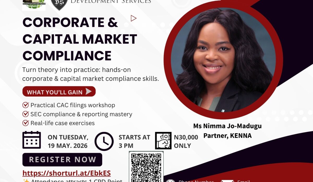 Staying compliant in Nigeria’s corporate and capital market landscape is not optional—it’s essential. Join Commercial Law Development Services (CLDS) on May 19th, 2026 at 3 PM for a practical, hands-on virtual training designed to equip young lawyers and company secretaries with the skills needed to navigate compliance with confidence. This session goes beyond theory. Participants will engage in real-world exercises covering filings with the Corporate Affairs Commission (CAC) and reporting obligations with the Securities and Exchange Commission (SEC), ensuring they can avoid costly errors and deliver accurate compliance work. What You’ll Learn: Nigeria’s compliance ecosystem: CAC, SEC, CBN, NITDA, NFIU, NDPC Hands-on CAC post-incorporation filings (annual returns, changes in directors/shareholding) SEC compliance and reporting obligations Practical drafting of a sample SEC compliance report Learning Outcomes: By the end of this session, you will be able to: Identify key regulators and their mandates Prepare and file CAC documents accurately Understand and implement SEC compliance requirements Draft and review SEC compliance reports Date: May 19th, 2026 Time: 3 PM 👉 Register here: https://shorturl.at/EbkES