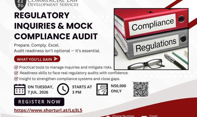 Regulatory Inquiries and Mock Compliance Audit: A practical training session for legal and compliance professionals managing CBN and SEC oversight.