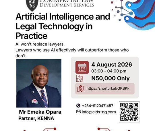 AI is transforming legal practice—from research and drafting to compliance, due diligence and legal operations. Join Mr Emeka Opara, Partner, KENNA, for a practical masterclass on AI & Legal Technology. 📅 Aug 4, 2026 🕒 3 PM WAT 💰 ₦50,000 Register: https://shorturl.at/GKBKk