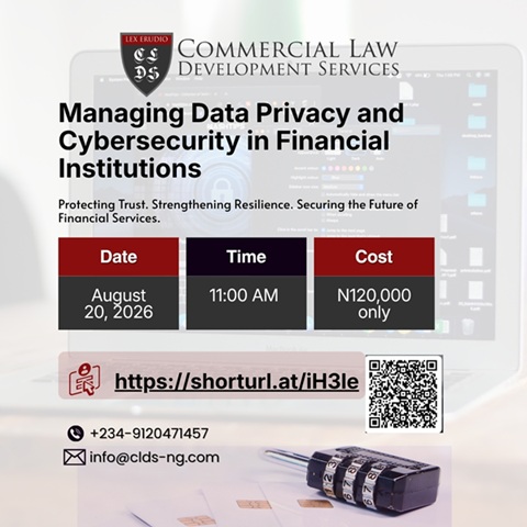 Cyber threats, data breaches & regulatory scrutiny are reshaping financial services. Join our executive virtual training: *Managing Data Privacy and Cybersecurity in Financial Institutions* 📅 20 Aug 2026 | 11 AM WAT 💰 ₦120,000 Register: https://shorturl.at/iH3le