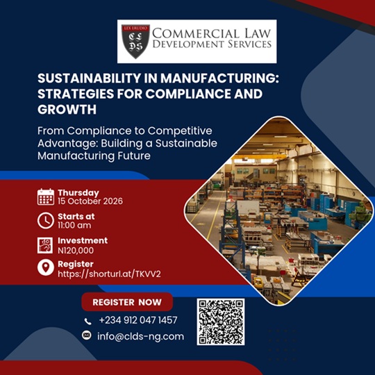 Sustainability in Manufacturing: From Compliance to Competitive Advantage Date: 15th October, 2026 Time: 11 am WAT/GMT+1 https://shorturl.at/TKVV2